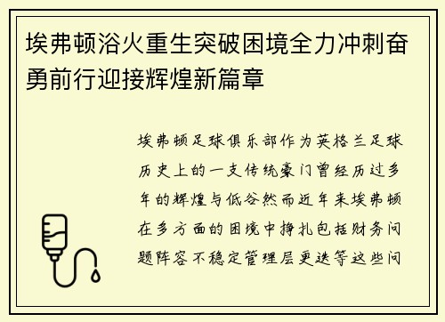 埃弗顿浴火重生突破困境全力冲刺奋勇前行迎接辉煌新篇章