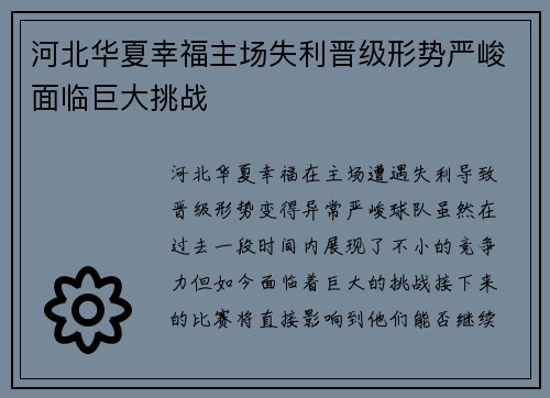 河北华夏幸福主场失利晋级形势严峻面临巨大挑战
