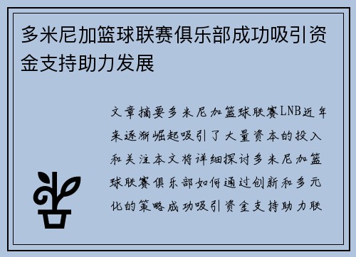 多米尼加篮球联赛俱乐部成功吸引资金支持助力发展