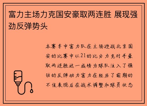 富力主场力克国安豪取两连胜 展现强劲反弹势头