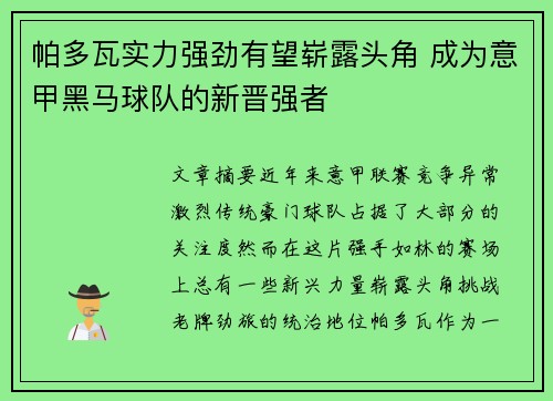 帕多瓦实力强劲有望崭露头角 成为意甲黑马球队的新晋强者