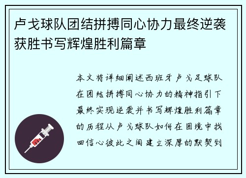 卢戈球队团结拼搏同心协力最终逆袭获胜书写辉煌胜利篇章