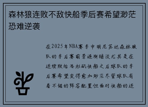 森林狼连败不敌快船季后赛希望渺茫恐难逆袭