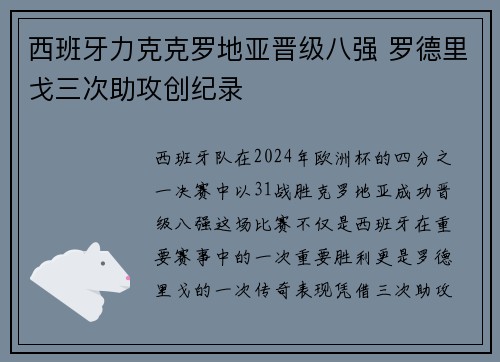 西班牙力克克罗地亚晋级八强 罗德里戈三次助攻创纪录