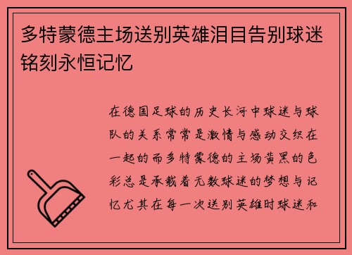 多特蒙德主场送别英雄泪目告别球迷铭刻永恒记忆