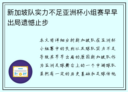 新加坡队实力不足亚洲杯小组赛早早出局遗憾止步