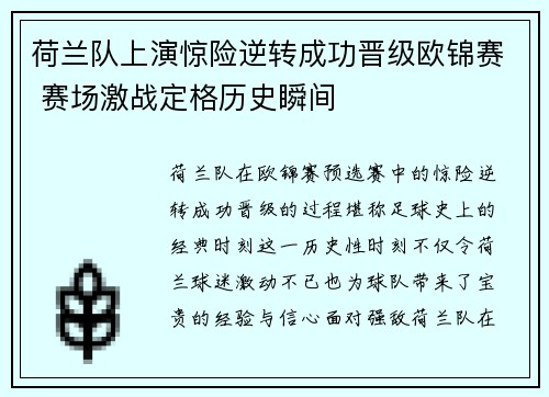 荷兰队上演惊险逆转成功晋级欧锦赛 赛场激战定格历史瞬间