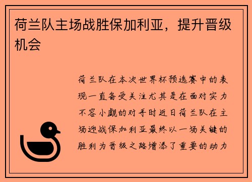 荷兰队主场战胜保加利亚，提升晋级机会
