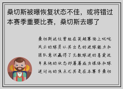 桑切斯被曝恢复状态不佳，或将错过本赛季重要比赛，桑切斯去哪了
