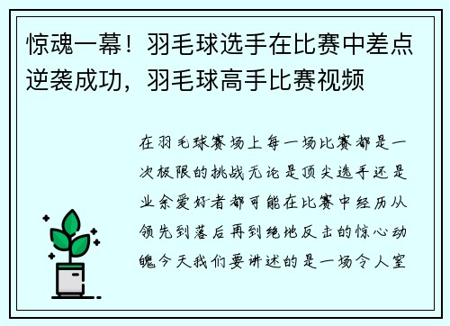 惊魂一幕！羽毛球选手在比赛中差点逆袭成功，羽毛球高手比赛视频