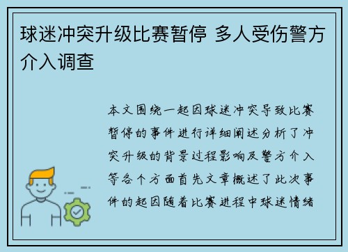 球迷冲突升级比赛暂停 多人受伤警方介入调查