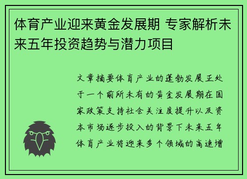 体育产业迎来黄金发展期 专家解析未来五年投资趋势与潜力项目