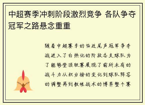 中超赛季冲刺阶段激烈竞争 各队争夺冠军之路悬念重重